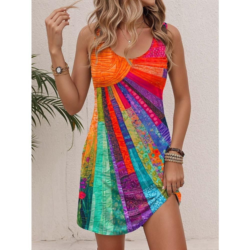 Summer New Women's Dress Retro Colorful Creative Pattern 3D Printing Loose Casual Vacation Round Neck Sleeveless Vest Dress