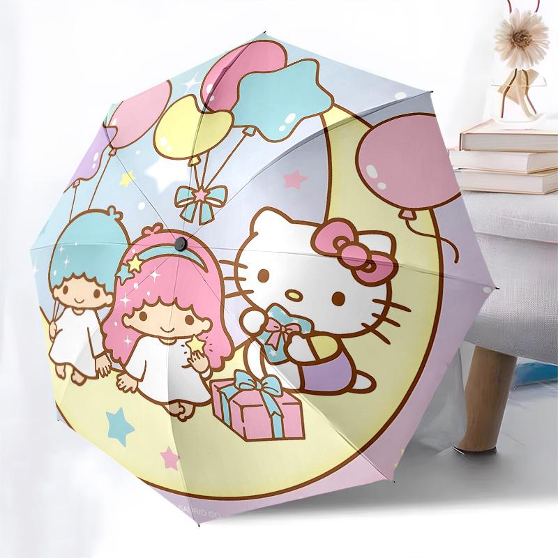 Hello Kitty, Little Twin Stars Automatic Open/Close Umbrella-Cute Umbrella with Cute Design, Portable 3-Fold Compact Umbrella for Men & Wome