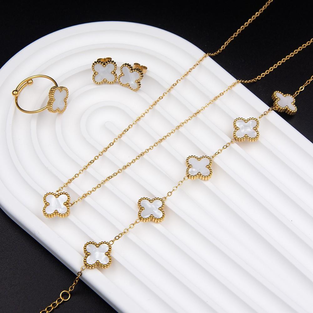 4PCS Clover 4-Piece Jewelry Set Including Necklace, Bracelet, Earrings and Ring, Versatile Lucky Five-Petal Flower Fashion Ornaments
