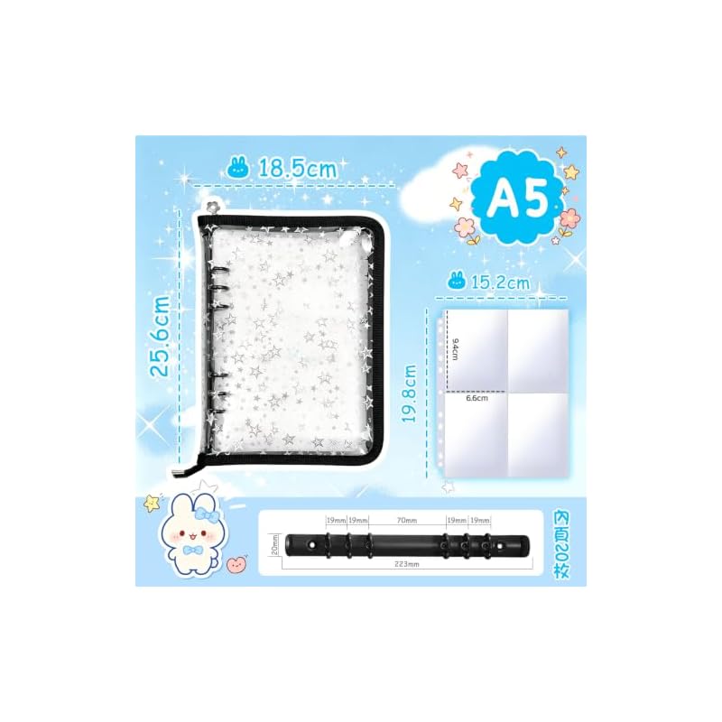 Large Sticker Album, A5 Size, Transparent, 6-Ring Binder with Zipper, 20 Pockets, Star Pattern, Glitter, Large Sticker Album for Girls, Sticker Diary,