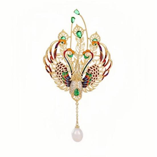 Women Brooch Sparkling Rhinestones Faux Pearl Phoenix Shape Lapel Pin Suits Coats Bags Scarves Badge Versatile Accessory