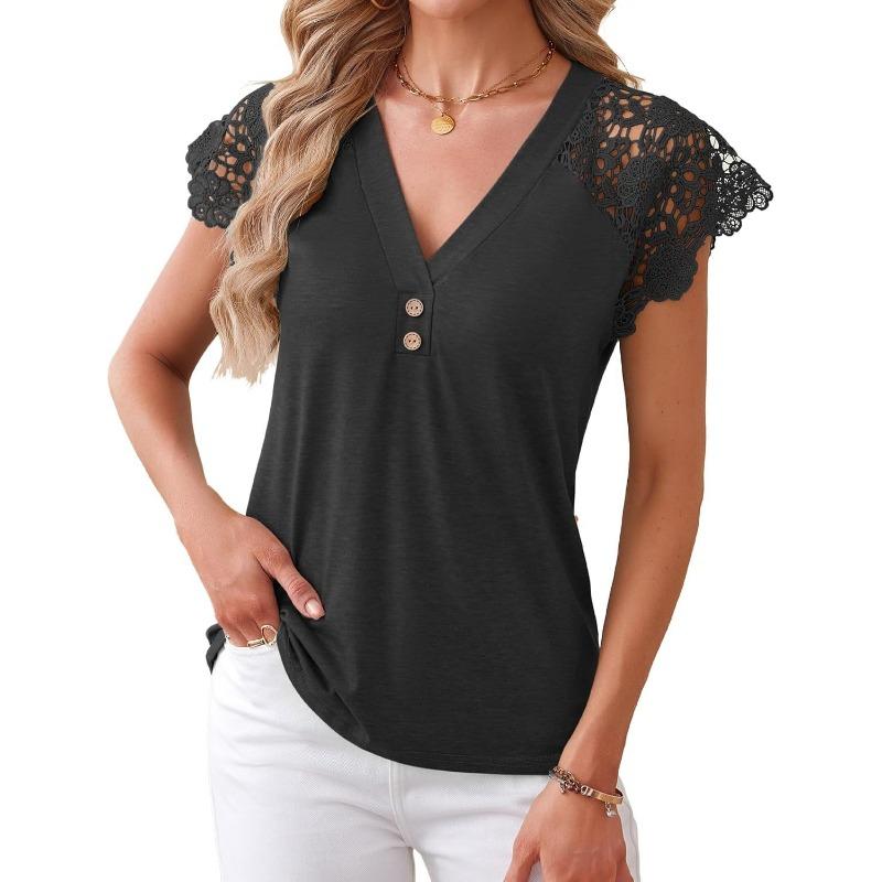 Women S Loose V Neck Short Sleeve Lace Trim Casual Top