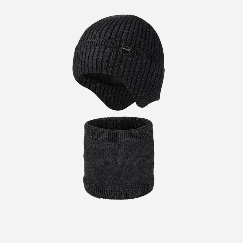 Knitted Hat Men's Fleece Solid Color Cap Scarf Kit Winter Outdoor Warm Wool Hat