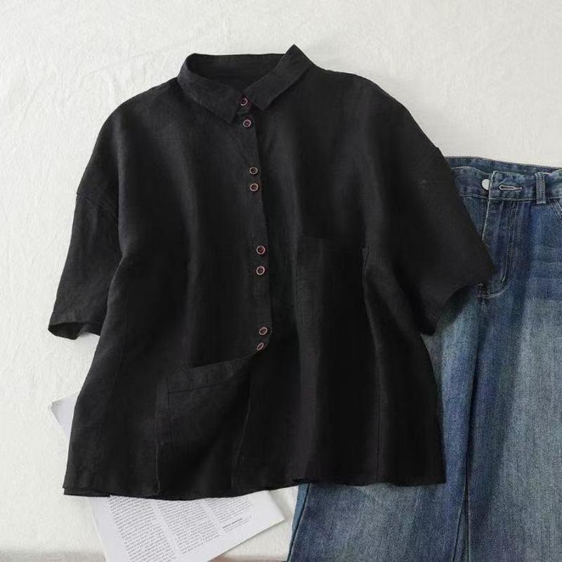 Womens Linen Cotton Button Up Blouse Casual Short Sleeve Pocket Shirt