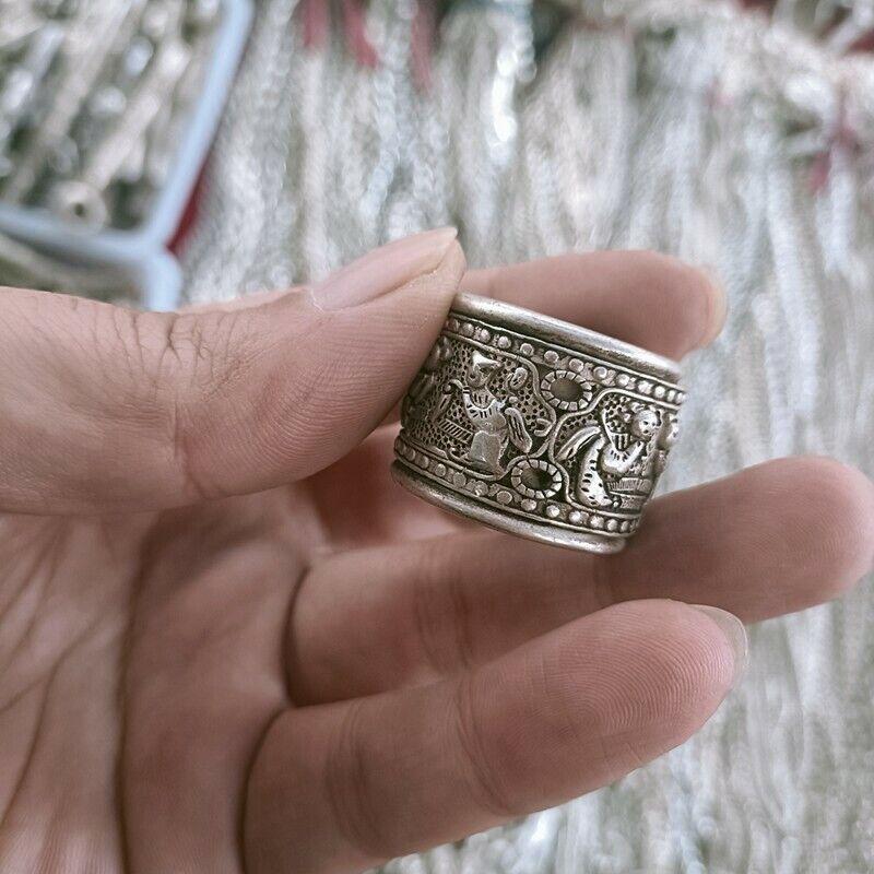 Exquisite Old Chinese Tibet Silver Handcarved Character Ring Statue