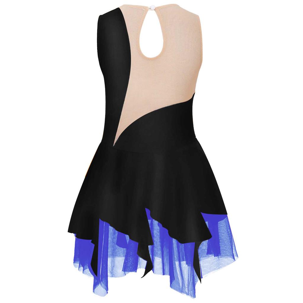 Kids Girls Rhinestone Skating Dress Sleeveless Round Neck Hollow Back Patchwork Style Figure Dance Costume