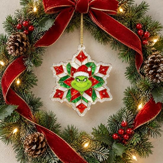 Stained Glass Style Decor Green Elf Christmas Ornament, 2D Acrylic Red Bell Tree Candy Cane Gift Box Xmas Hanging Charms Shaped Double Sided