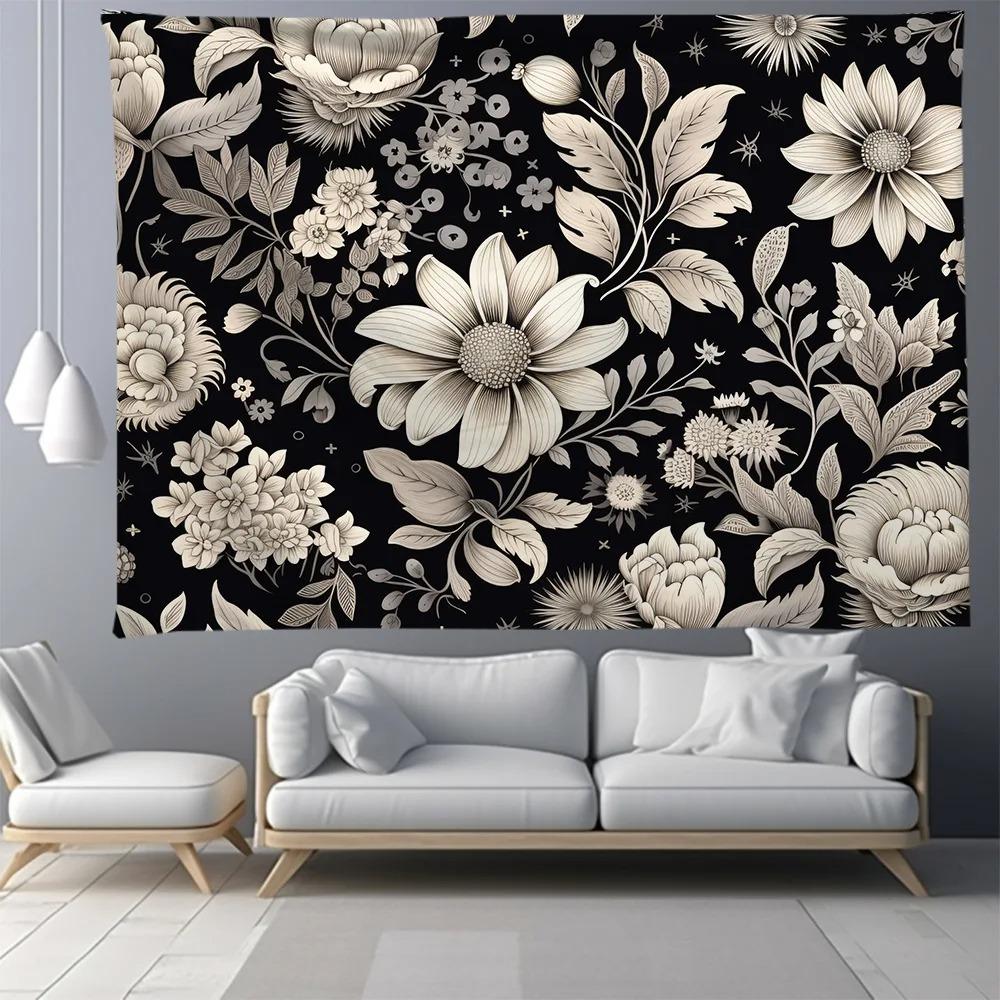 Black and White Tree Floral Pattern Bedroom Living Room Tapestry Home Wall Decoration Tapestry