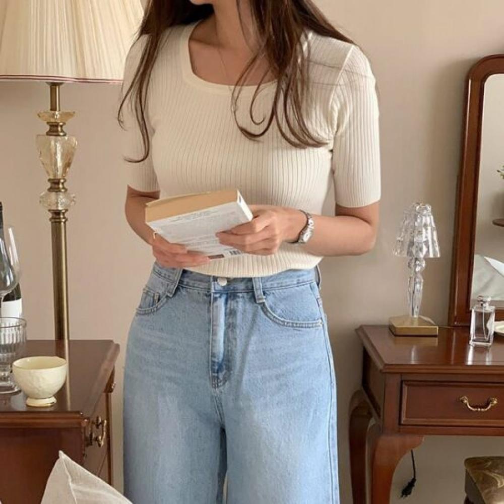 STyle LaTTe Women Square Neck Ribbed KniT T shirT Summer KniT