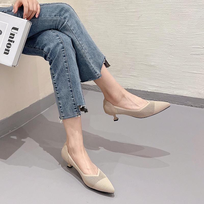 Princess shoes stiletto shoes new spring and summer knitted stiletto pointed head shallow mouth flying knitted women's single shoes high heels