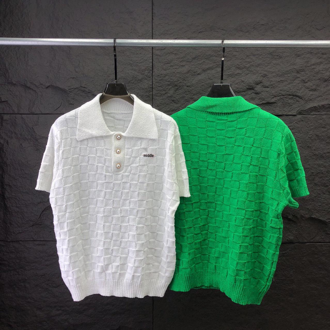 Пледированный вязаный поло в европейском стиле - Унисекс, с коротким рукавом Medium