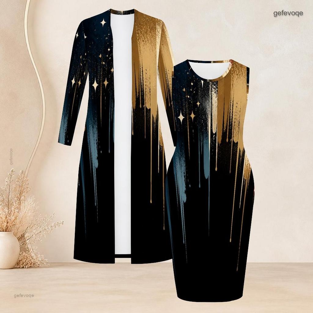 Damen Übergröße Zweiteiliges Outfit Langärmeliger Offener Cardigan Ärmelloses Bodycon Kleid mit Aufdruck
