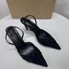 Fashion 2025 New Black Woman Embroidered Mesh Open Heel Shoes Fashion Print Stiletto Women High-heel Pumps Sexy Pointed End Sandals