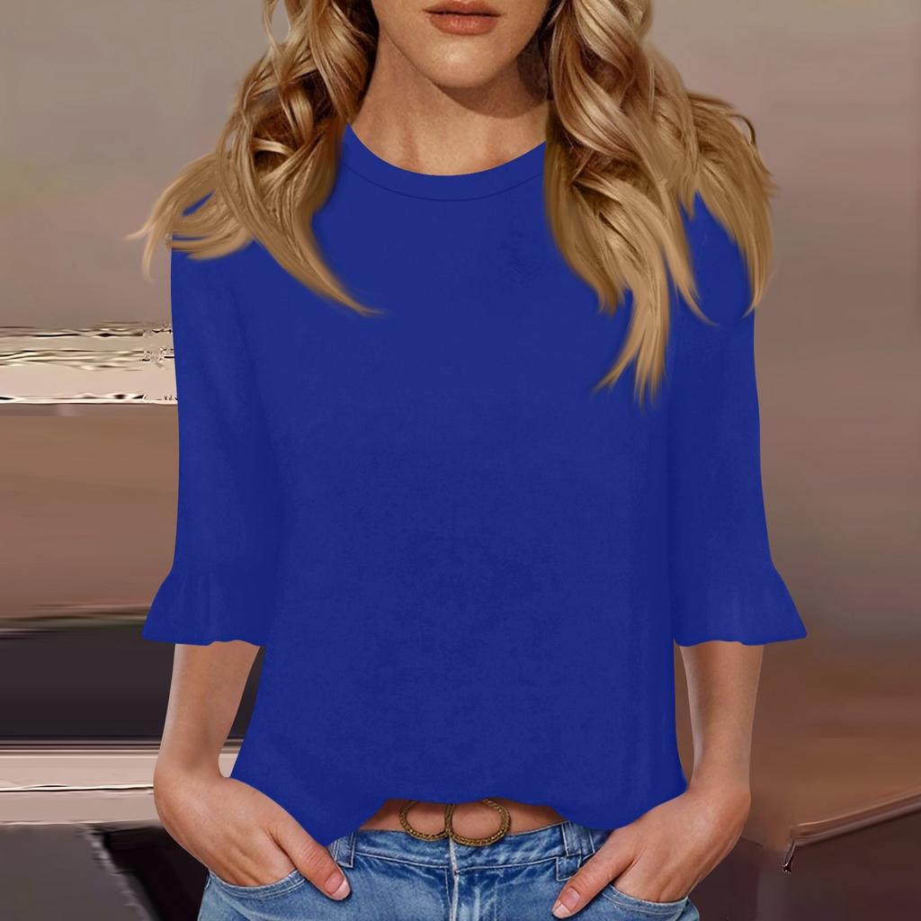 Top casual de damă cu mâneci 3/4, de vară, cu gât rotund, cu mâneci bufante
