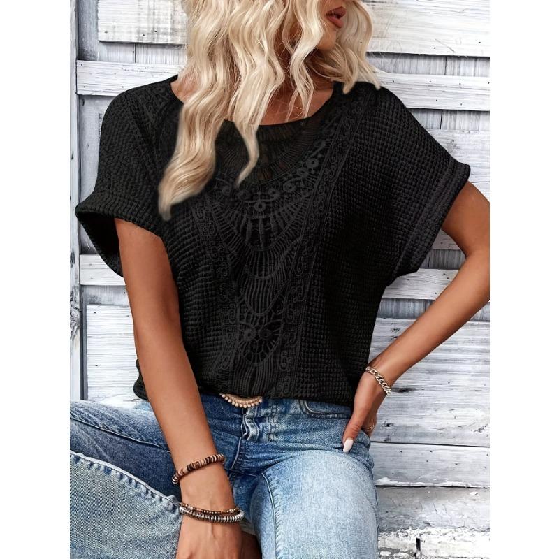 Lace Splicing Crew Neck T-shirt, Casual Short Sleeve Top For Spring & Summer, Women's Clothing