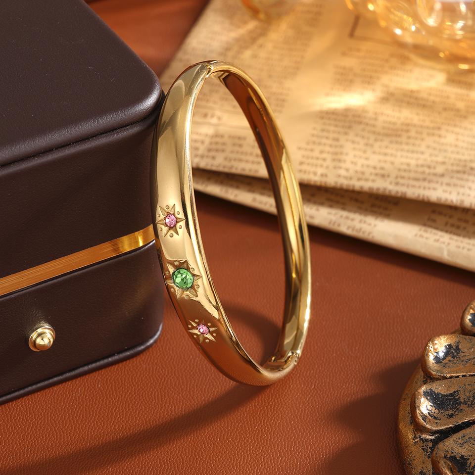 ZAKOL Lusso Acciaio Inossidabile Colore Oro 18K Bracciali Aperti Zirconi Colorati Intarsiati Affascinante Impermeabile Regalo Donna con Zirconi
