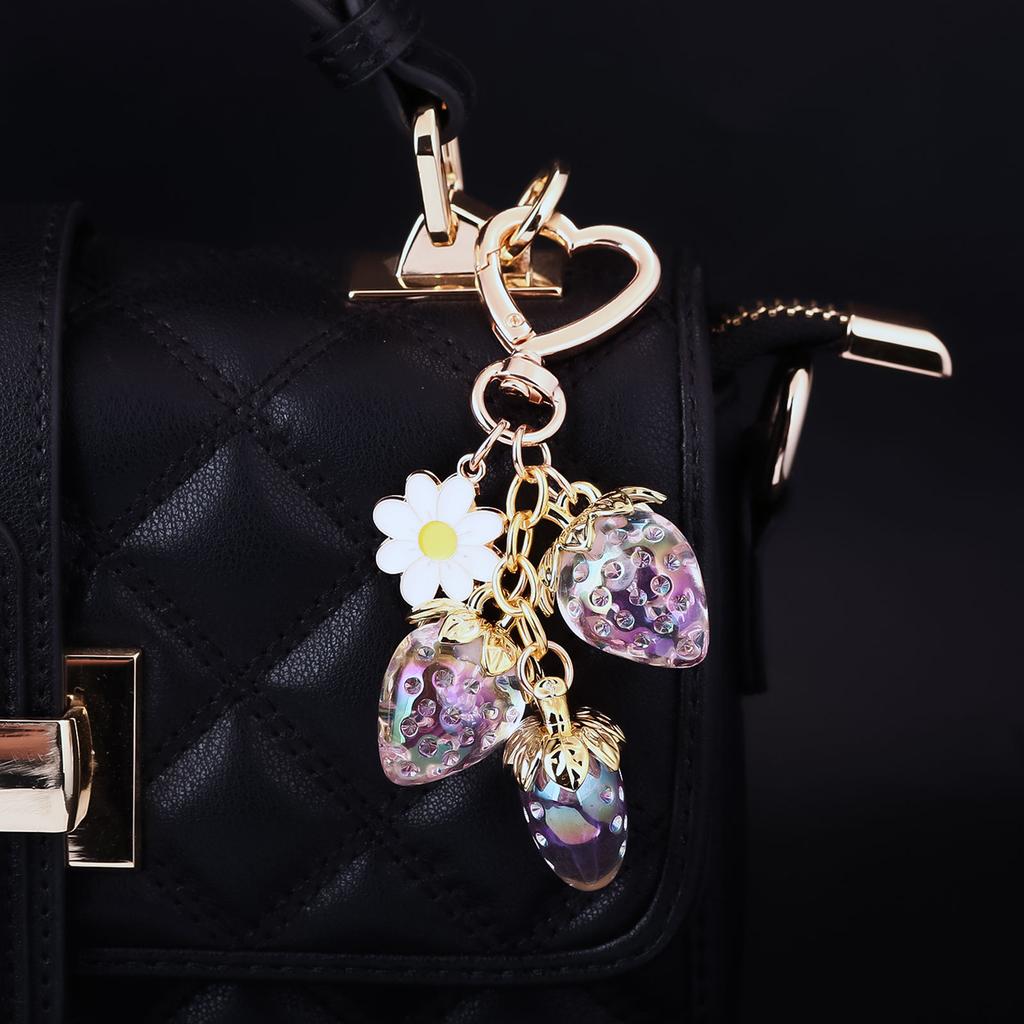 Cute Strawberry Bag Pendant Keychain Kawaii Heart Flower Daisy Key Chain for Women Girs Bag Purse Pendant Accessories Gift