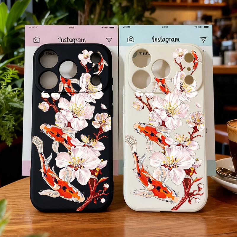 Luckly Koi Goldfish Bloosom Flower Phone Case for IPhone 17 AIR 11 12 13 14 15 16 Pro Max 13Mini Art Koi Carp Soft Silcone Cover