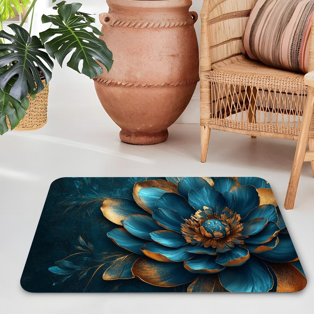 Luxurious Blue Rose Bath Mat, Soft Bathroom Floor Rug, Non-Slip Absorbent Home Decor Mat