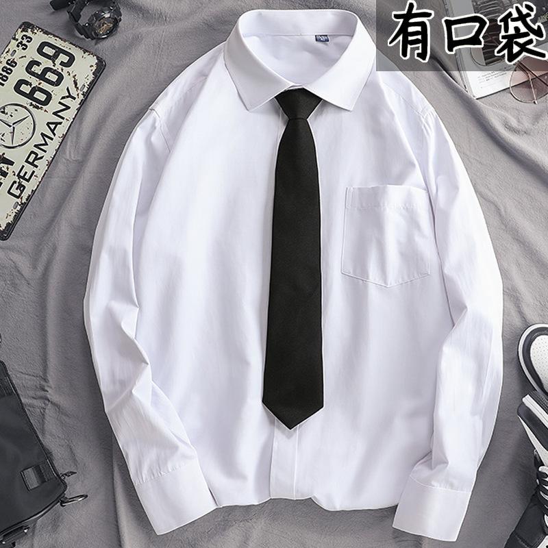 Long Sleeve Pocket Shirt Boys College Style Tie Graduation Class Uniform White Top Shirt Men's Student Couple Clothing