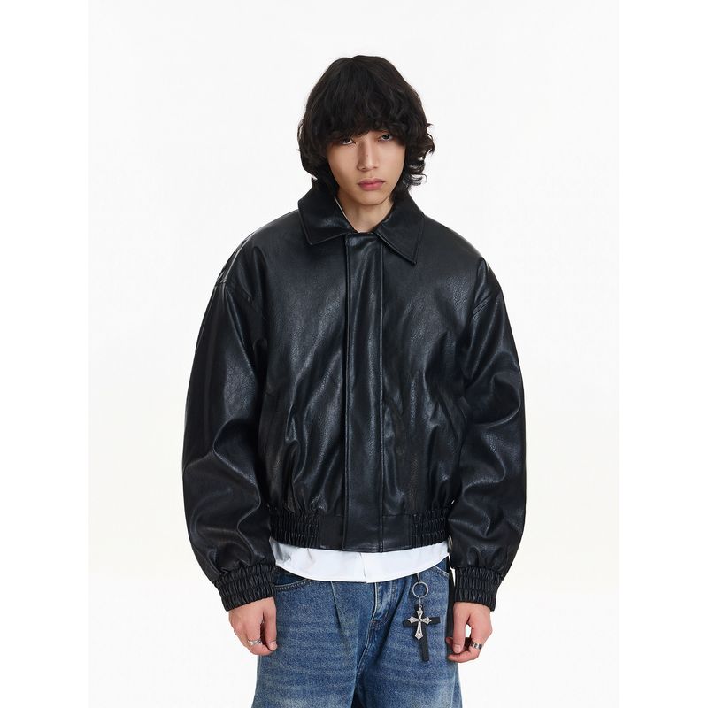Blaexit Winter Retro Short Padded Leather Jacket Men's Thickened Boxy Short Wide Flight Jacket Cotton Coat