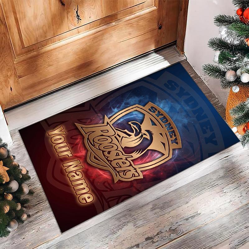 Sydney Roosters Crystal Velvet Rug, Custom Name Text Personalized Non‑Slip Floor Mat for Home Decor Gift