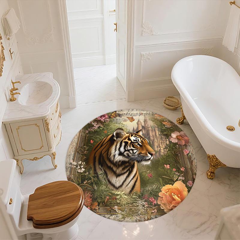 Vintage Tiger,Round Area Rug,Carpet Rug for Living Room Bedroom Sofa Playroom Decor,Non-slip Floor Mat