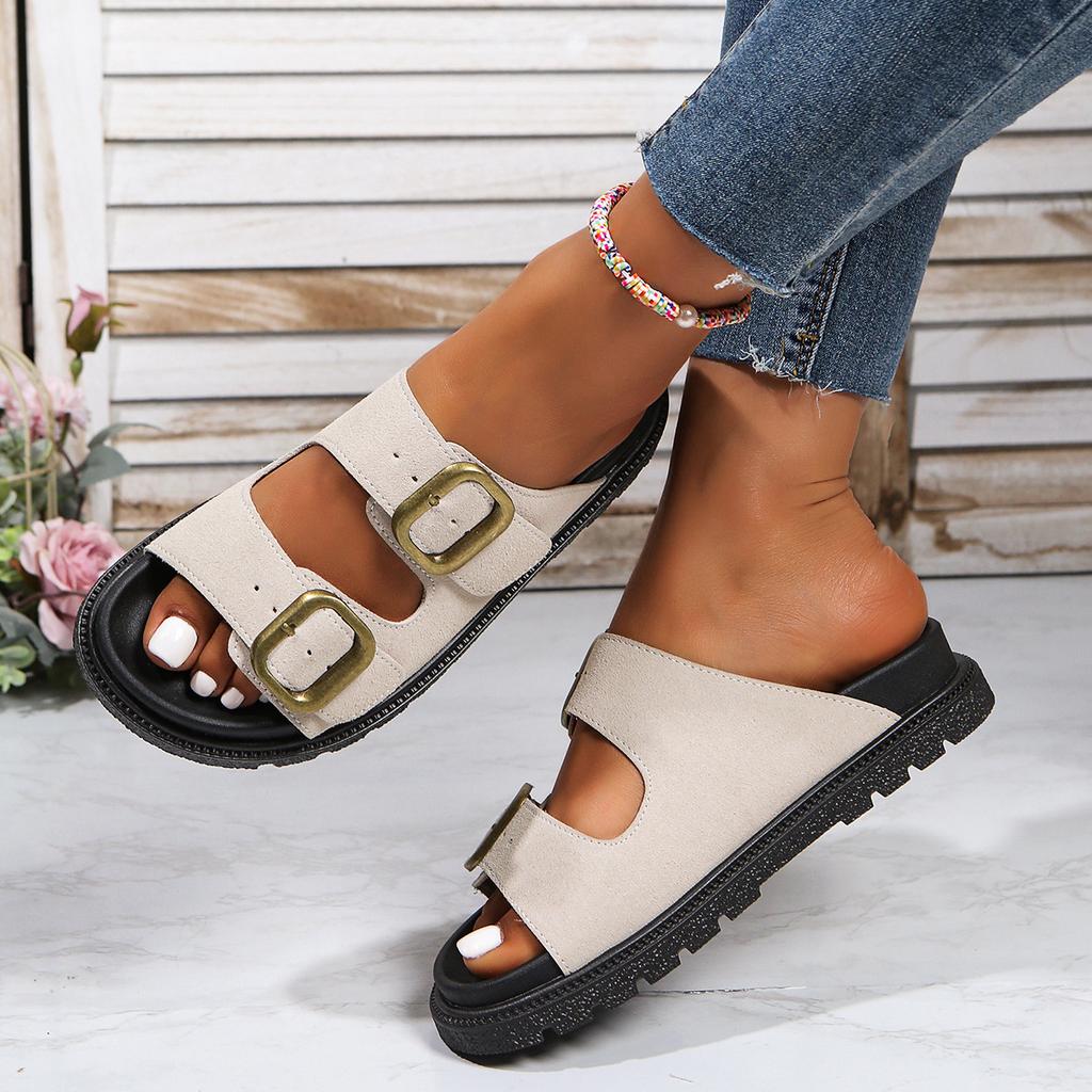 Muffin and platform slippers women's year, Europe, America and summer new belt buckle word beach cool slippers women