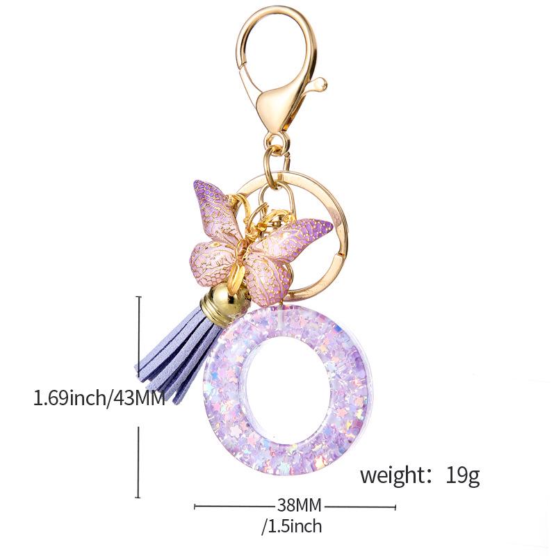 A-Z Resin Letter Keychain with Purple Butterfly Tassel Pendant for Women's Bags