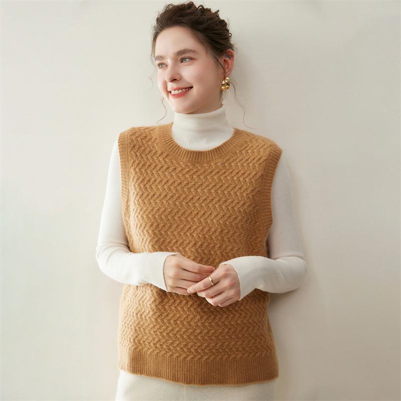 2025 Fall/Winter Women's Round Neck Cashmere Knit Crochet Vest - Loose Pullover Layering Shrug