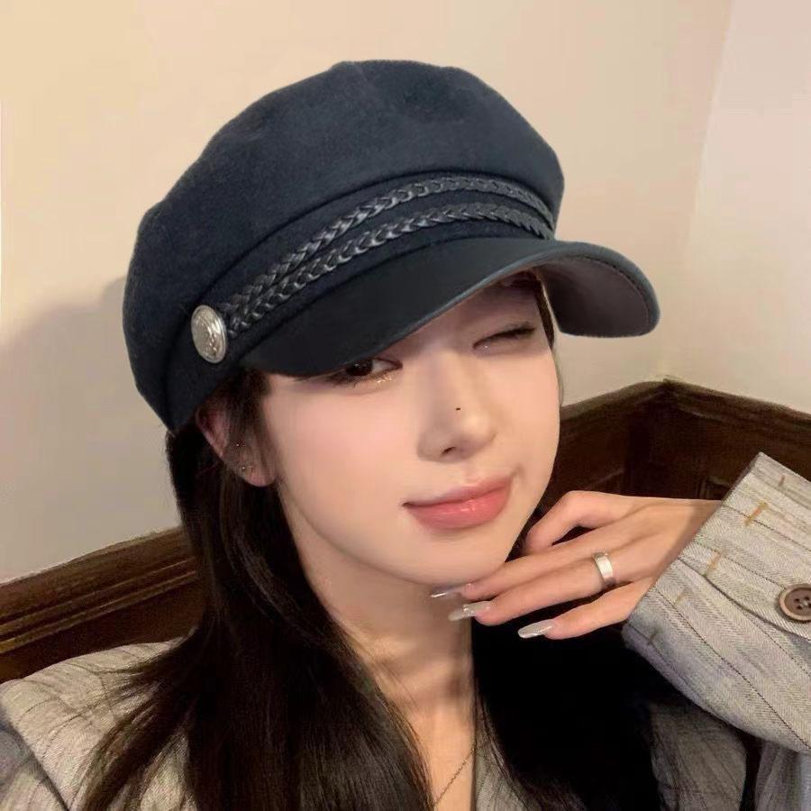 Korean Leather Beret Children Spring Student Cute Versatile Pu British Style Octagonal Hat Pumpkin Hat