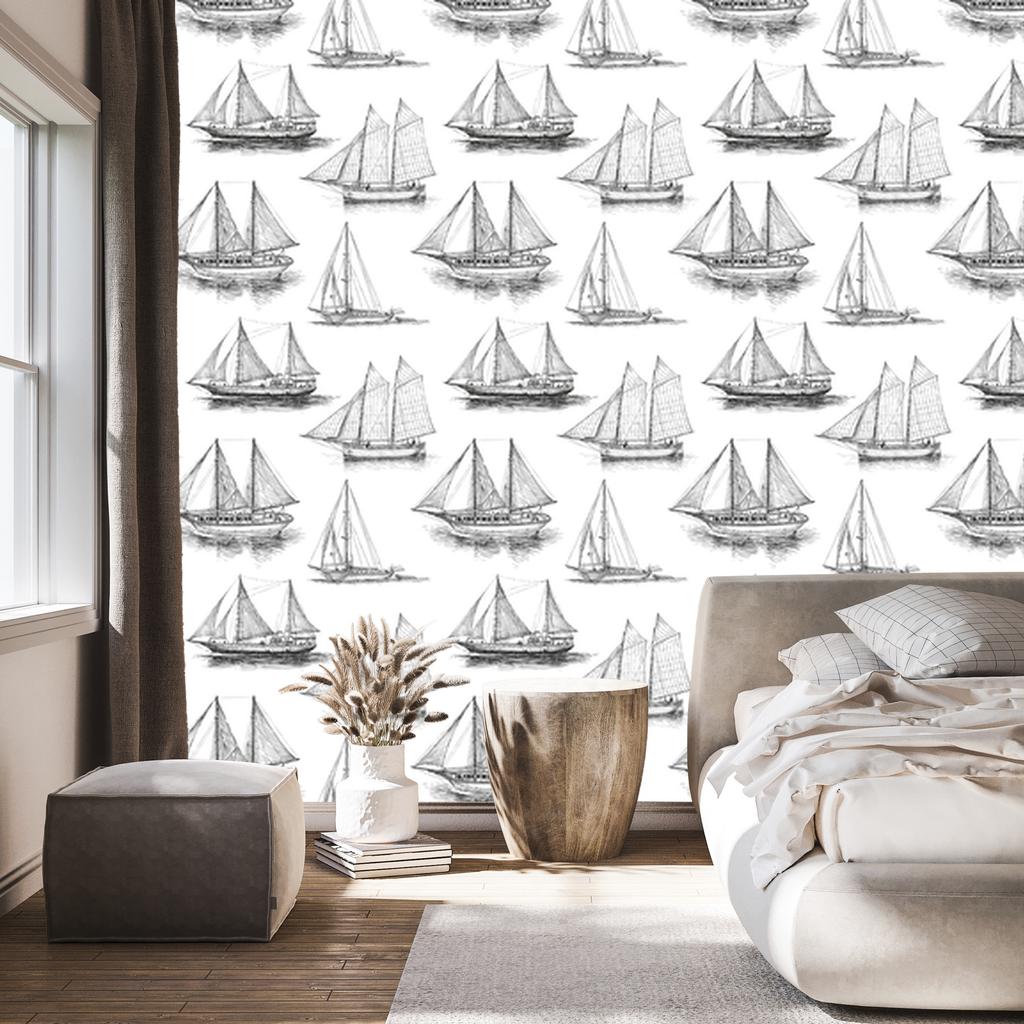 Black and white sailboat wallpaper for living room and bedroom 50x1000