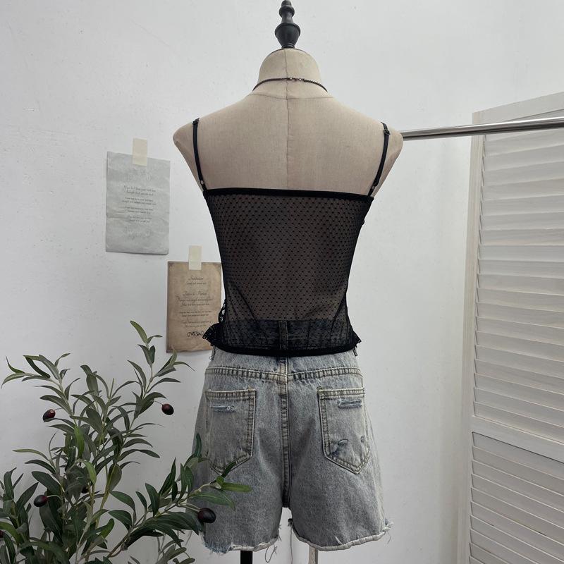 Sheer Lace Trim Camisole with Chest Pads and Slim-Fit Boning