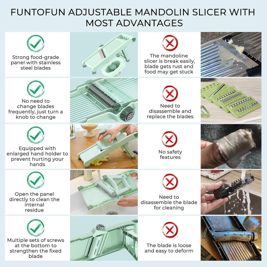 5-in-1 Adjustable Mandolin Slicer with Stainless Steel Blades, Julienne Slicer Adjustable Thickness 0.1-10mm, Safe Mandoline Food Slicer for Kitchen,