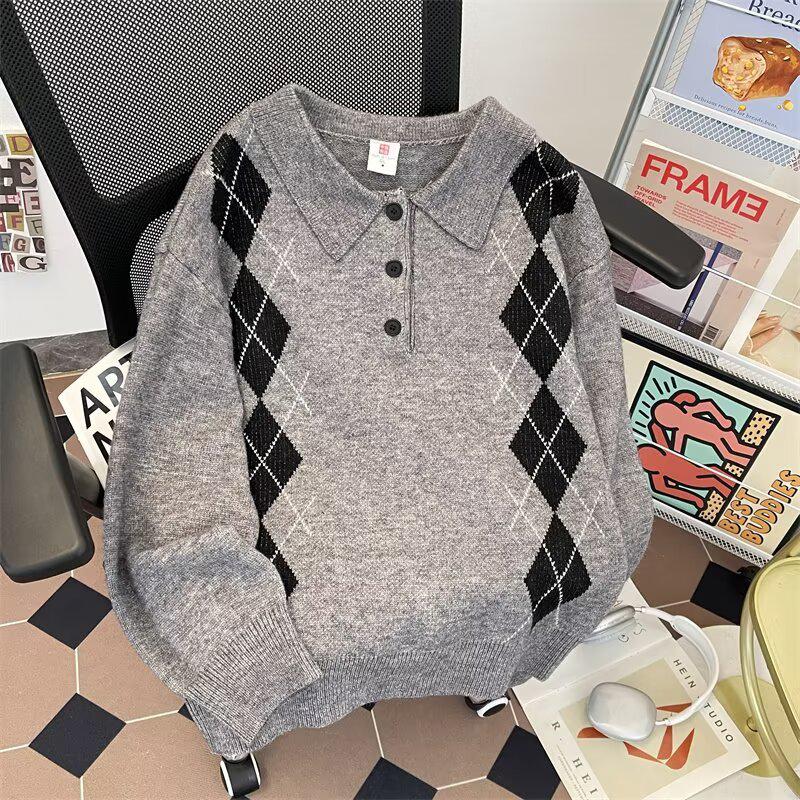 2025 British Classic Diamond Jacquard Color Block Knit Sweater