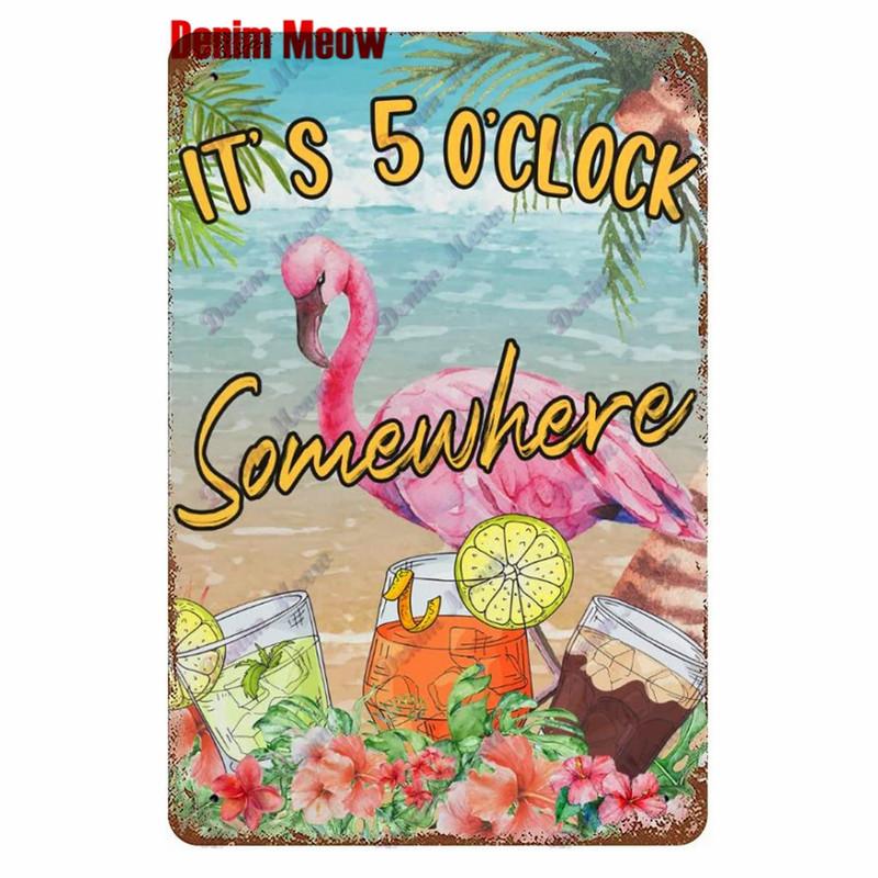 Metal Tin Sign Wall Decor, Vintage Parrot Cocktail Bar Plates, Kitchen Painting Decor, It's 5 O'clock, WY23
