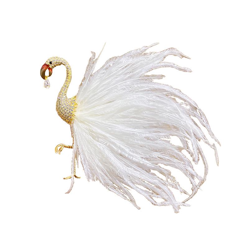 Zircon Flamingo Brooch with Feather Design - Creative Korean Fashion Accessories for Women