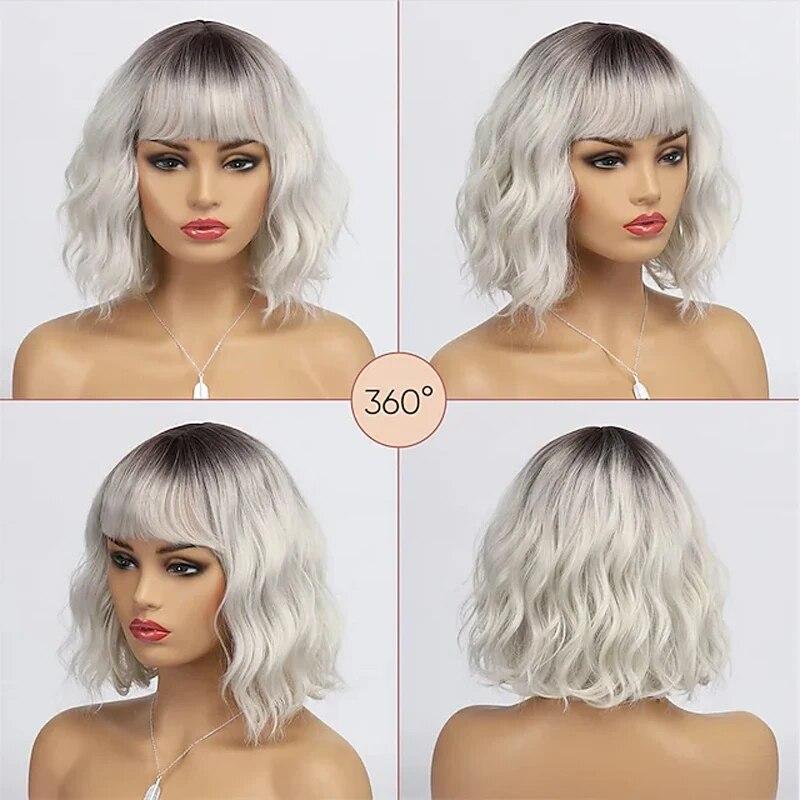 Short White Silver Wigs for Women Ombre Black Grey Curly Wig with Bangs Synthetic Hair