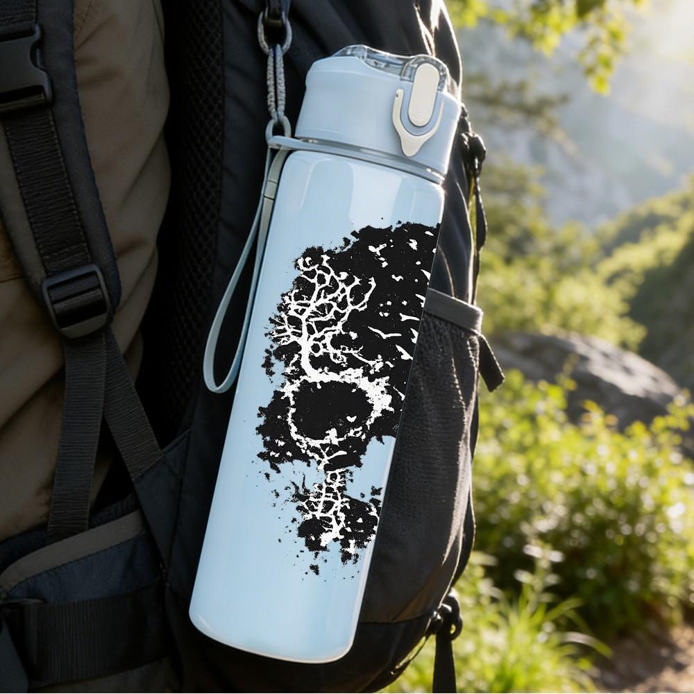 1PC Detailed Monochrome Skull Art Print 750ml Color Plastic Sports Water Bottle Leakproof Flip Straw Lid Suitable for Sports Office Home Use