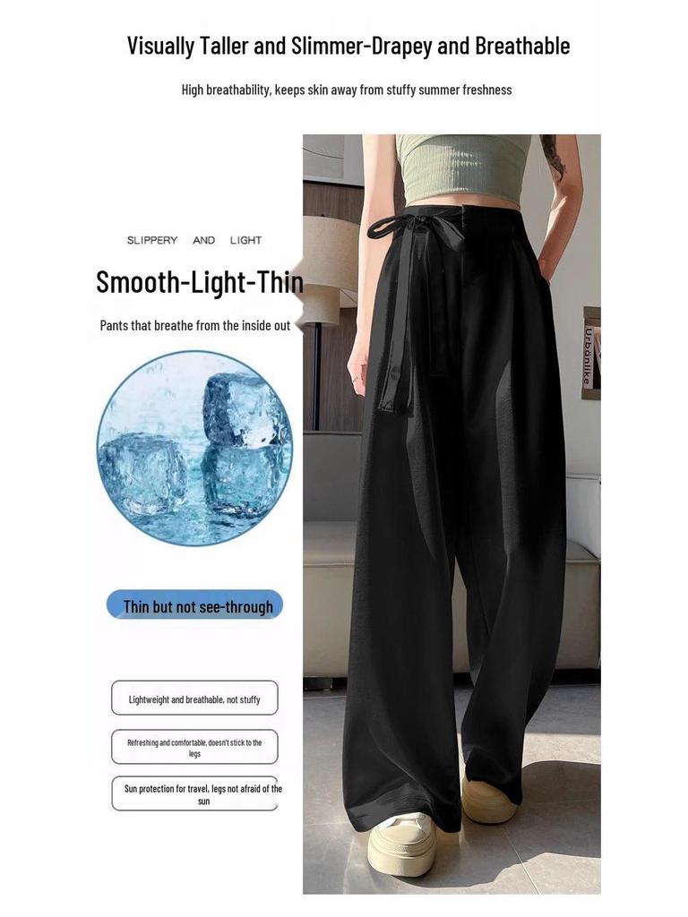 Women's Summer Acetate Satin Wide-Leg High-Waisted Pants with Tie-Up and Drape Design