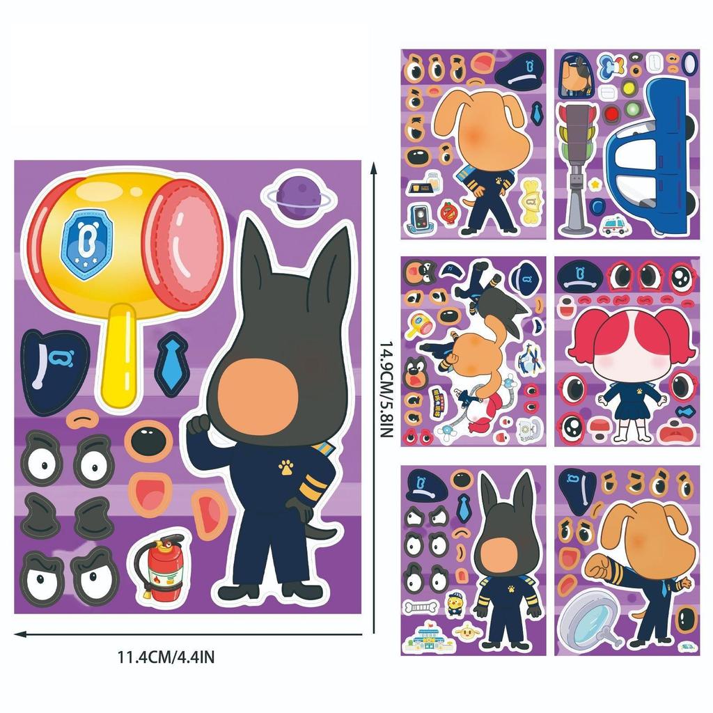 8PCS DIY Make a Face Sticker, Cute Dog Sheriff Puzzle Decals, Waterproof Vinyl Swap Face Stickers for Phone Laptop Helmet