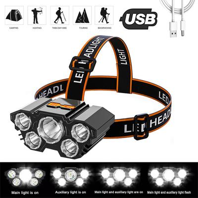 Lampada frontale potente a 5 LED Lampada frontale ricaricabile USB con 18650 Batteria incorporata Torcia portatile Pesca da campeggio all'aperto