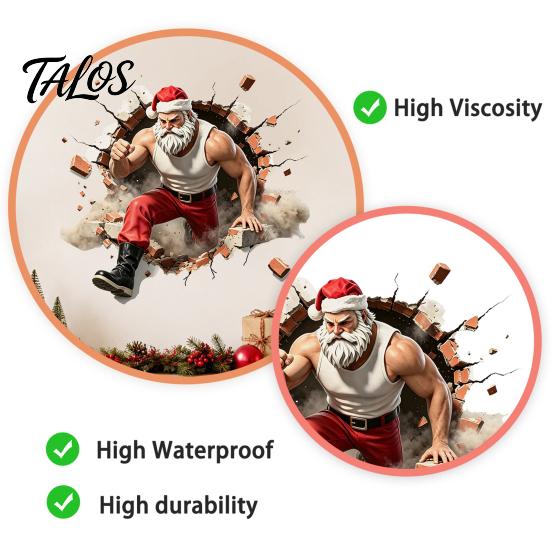 Festive Home Decorations Muscle Santa Claus Break Through Wall Christmas Decal, 3D Cracked Brick Creative Ornaments Self‑Adhesive Sticker,