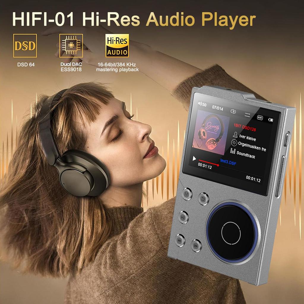 Hifi MP3 Player, Bluetooth, Portable Digital Music Player, Bluetooth 5.3 Lossless DSD FLAC HD Digital Audio Music Player, 2.4" Screen, 750mAh Battery,