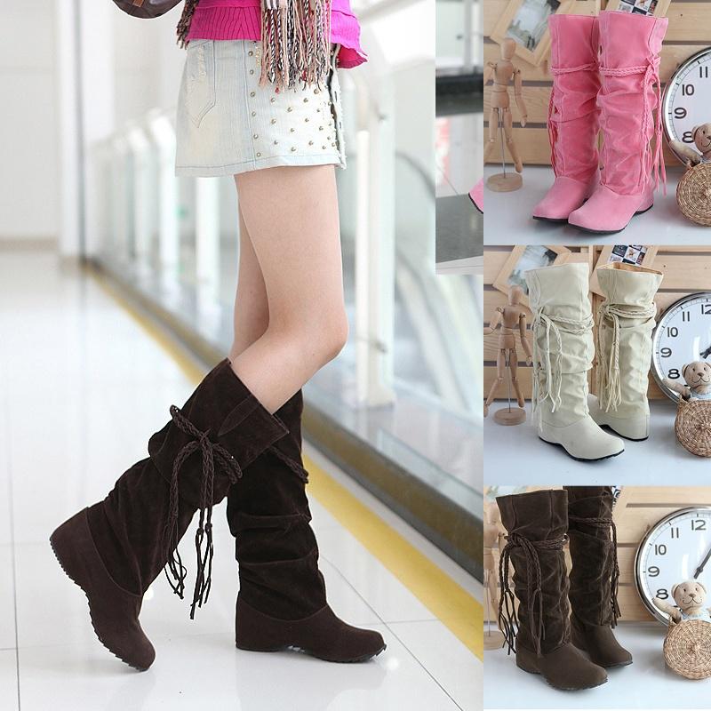 Ladies Womens New Fashion Faux Suede Slouchy Boho Fringe Mid Calf Boots Shoes @1