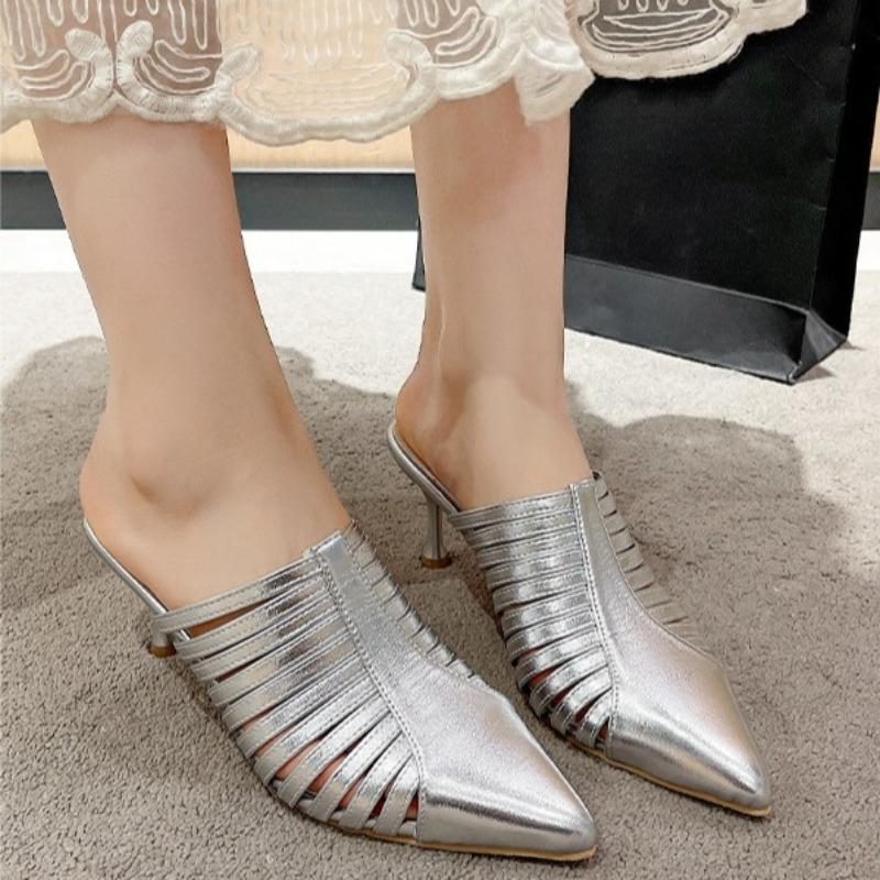 Fashion Baotou Fine Heel Slippers Women's Spring and Summer Wear Fashion and Versatile Pointed Toe Woven Hollow High Heels