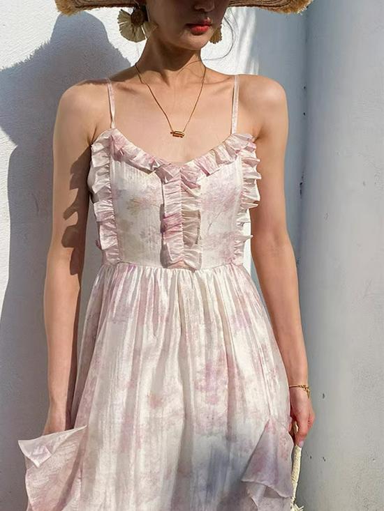 Women's Seaside Holiday Chiffon Printed Spaghetti Strap Long Beach Dress