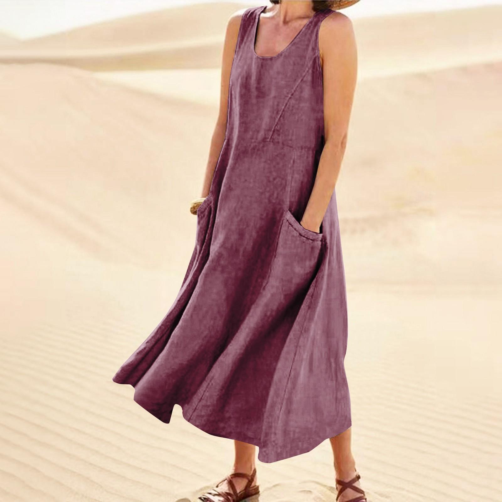

Женское модное повседневное однотонное хлопковое льняное платье без рукавов с карманами XXXXL