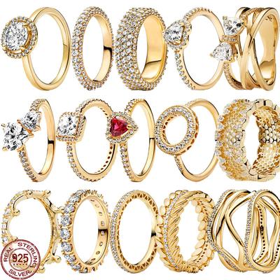 Klassieke Eenvoudige Kerst Verjaardagscadeaus 925 Sterling Zilver Goudkleur Kroon Hartvormige Ring Exquise Charm Dames Sieraden