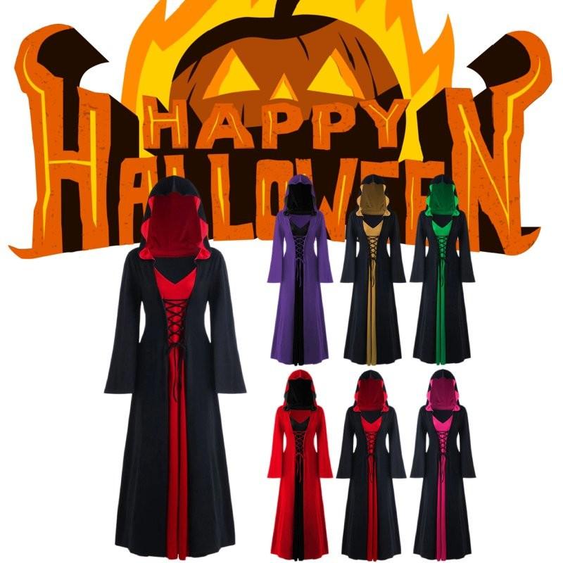 Lady Witch Halloween Hooded Loose Skirt V Neck Long Sleeves Costume Performance